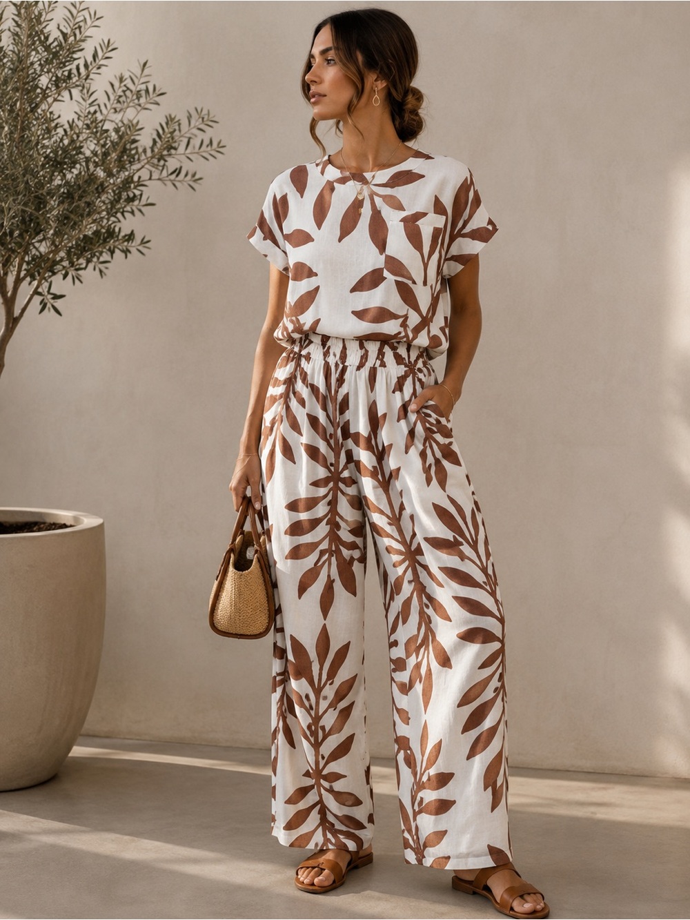 2 Piece White & Brown Top & Leaf Print Wide-Leg pants